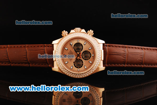 Rolex Daytona Chronograph Miyota Quartz Movement Rose Gold Case with Double Row Diamond Bezel and RG Dial - Brown Leather Strap - Click Image to Close